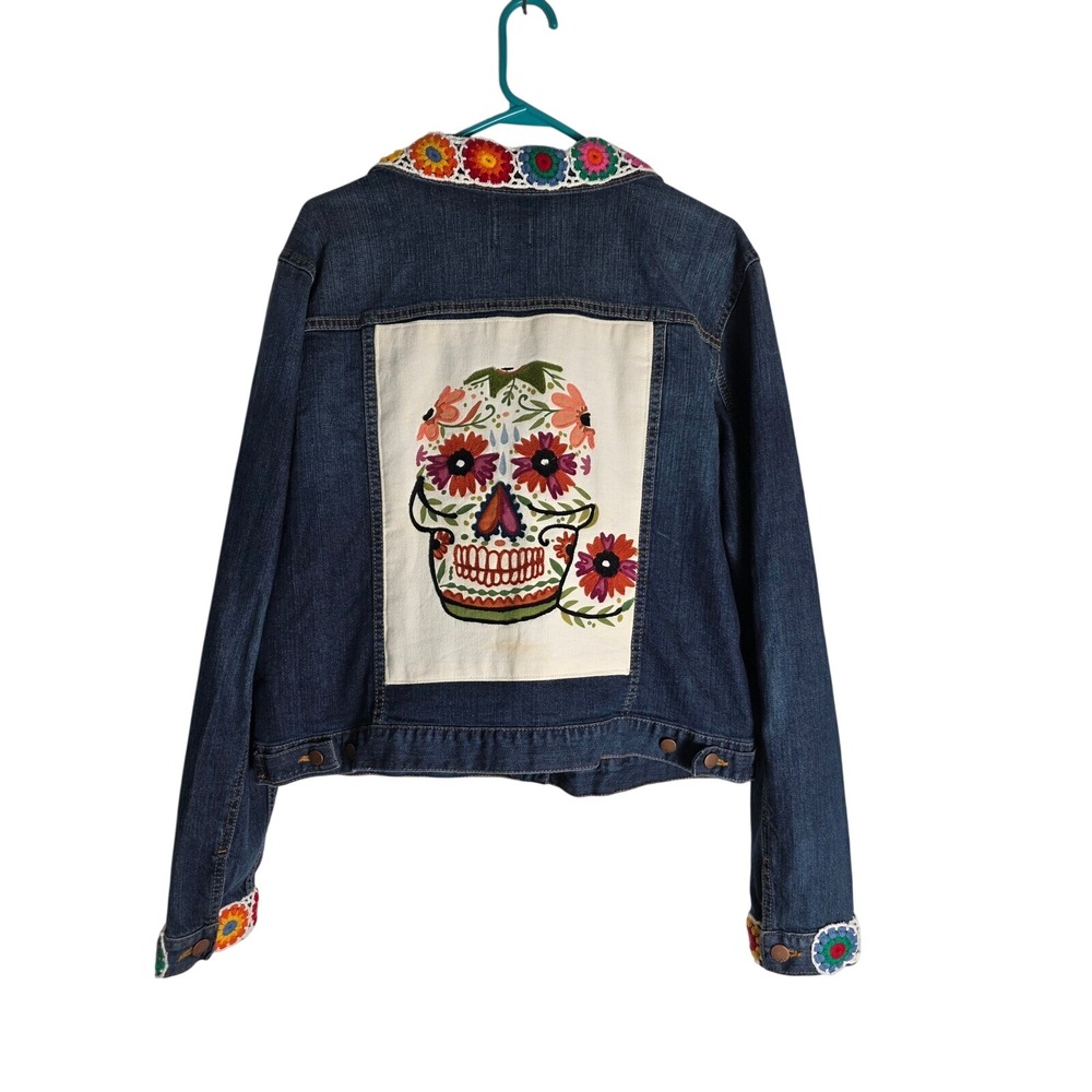 Upcycled Gap Denim Jacket Crochet Trim Skull Patch Unique Jean Jacket Boho Chic - Picture 2 of 4